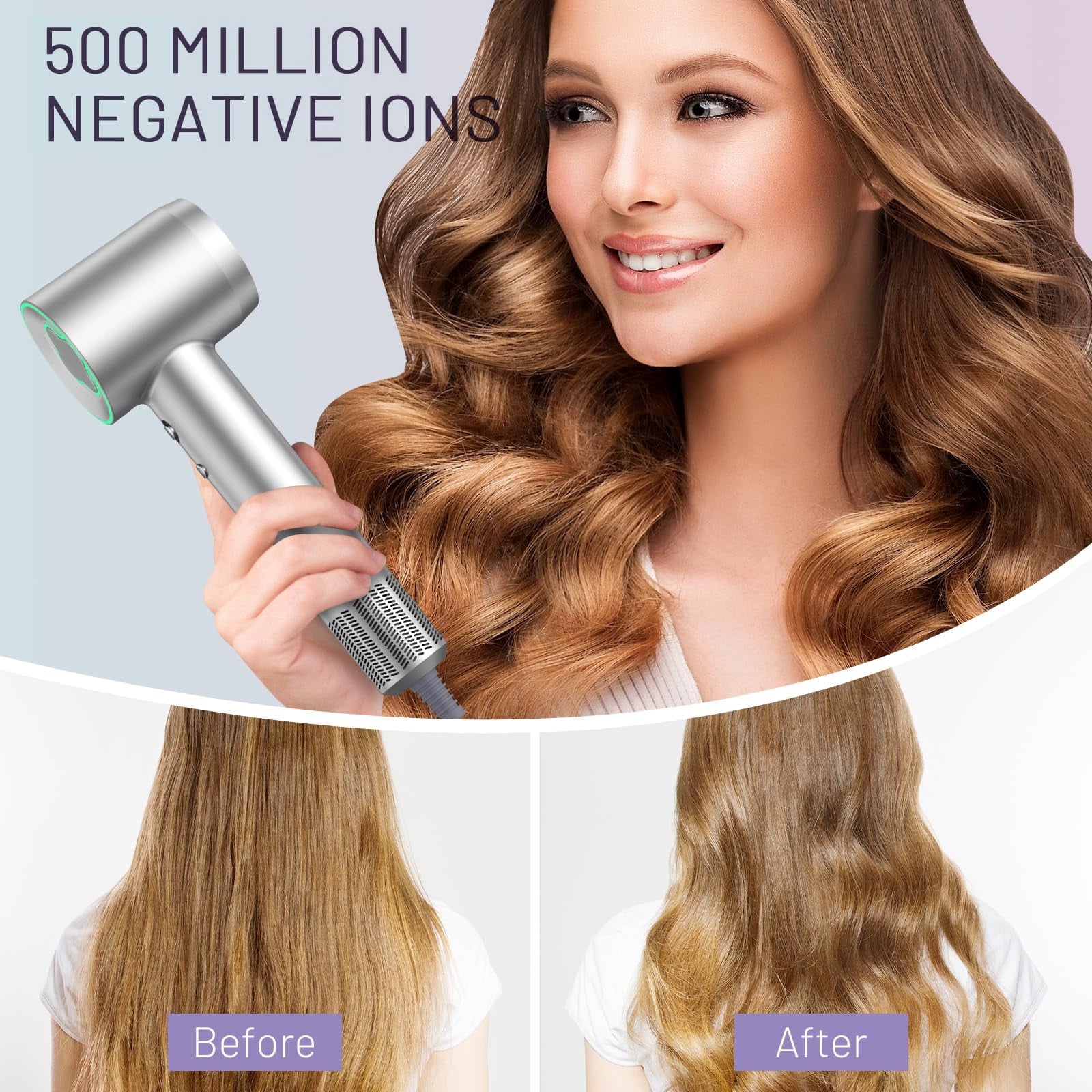 Purevigil High-Speed Hair Dryer, 150,000 RPM Brushless Motor Ionic Blow Dryer with Diffuser & Styling Nozzle, Fast Drying & Low Noise, Gray