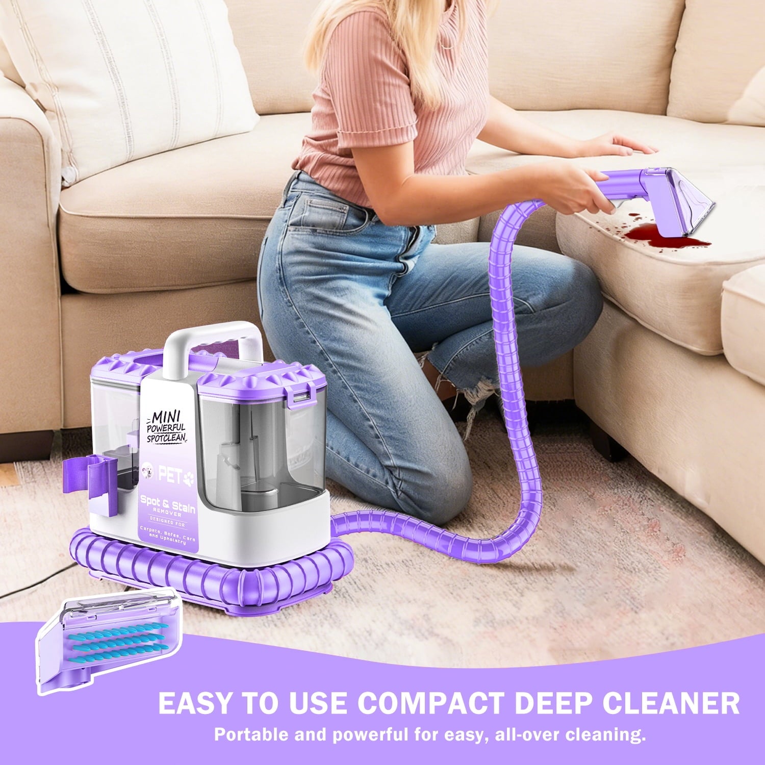 SUXIANGVAC Portable Carpet and Upholstery Spot Cleaner, 30Kpa Powerful Suction, Lightweight Compact Deep Cleaner for Home and Car, Purple(Version without cleaning solution)