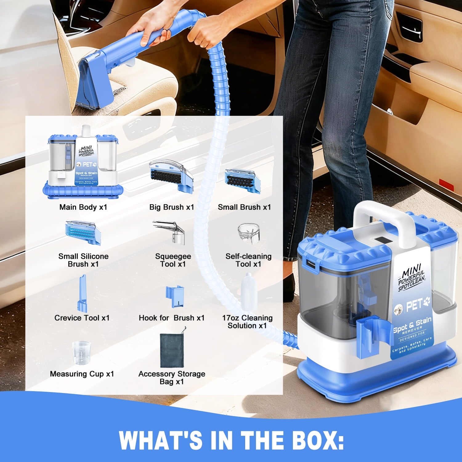 SUXIANGVAC Portable Carpet and Upholstery Spot Cleaner Machine, 30Kpa Powerful Suction with 5 Cleaning Tools, 17oz Cleaning Solution, Lightweight Compact Design, Deep Clean for Car, Home, Blue