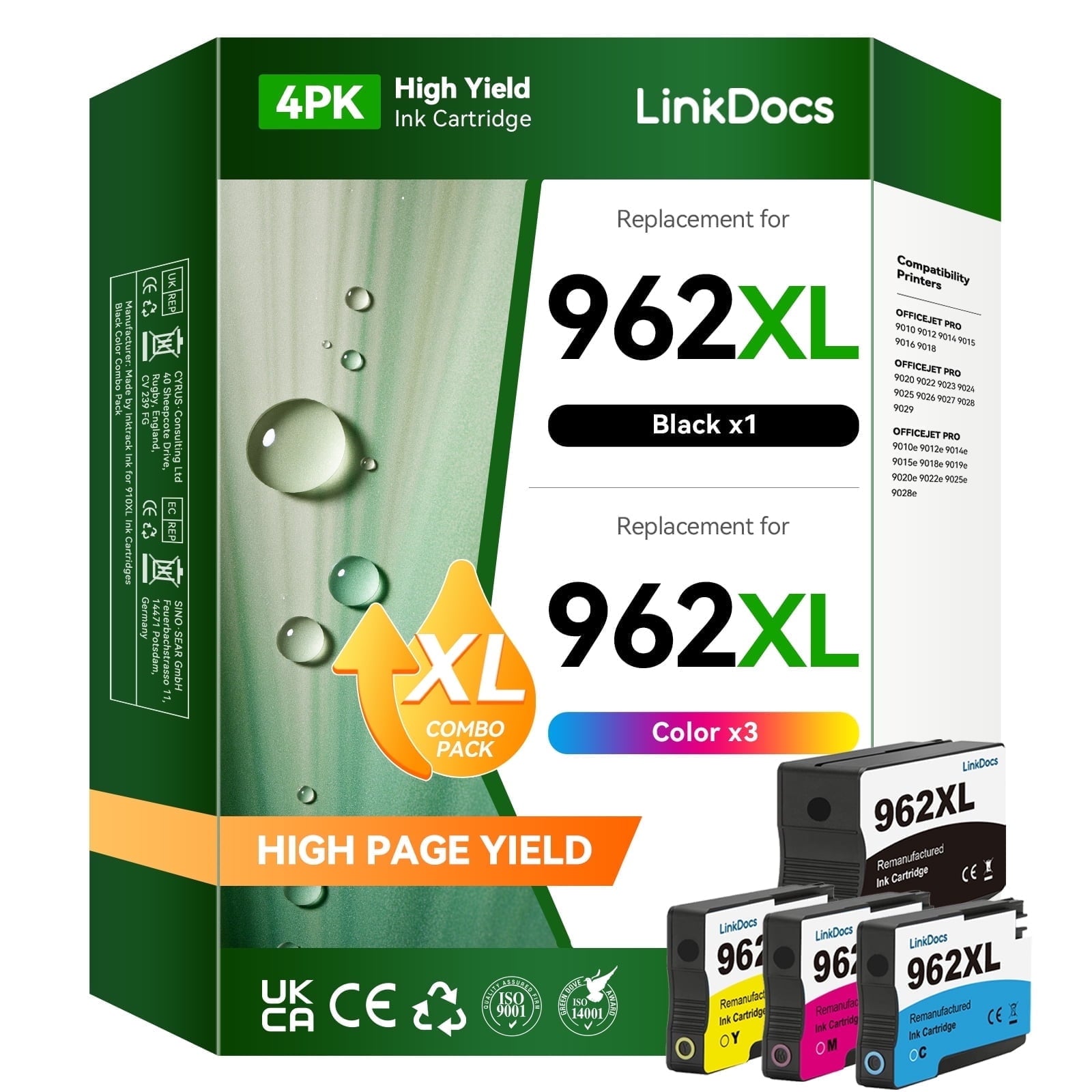 962XL Ink Printer Cartridge Compatible for 962 Ink Cartridges for OfficeJet Pro 9015e, Black/Tri-Color, 4 Pack