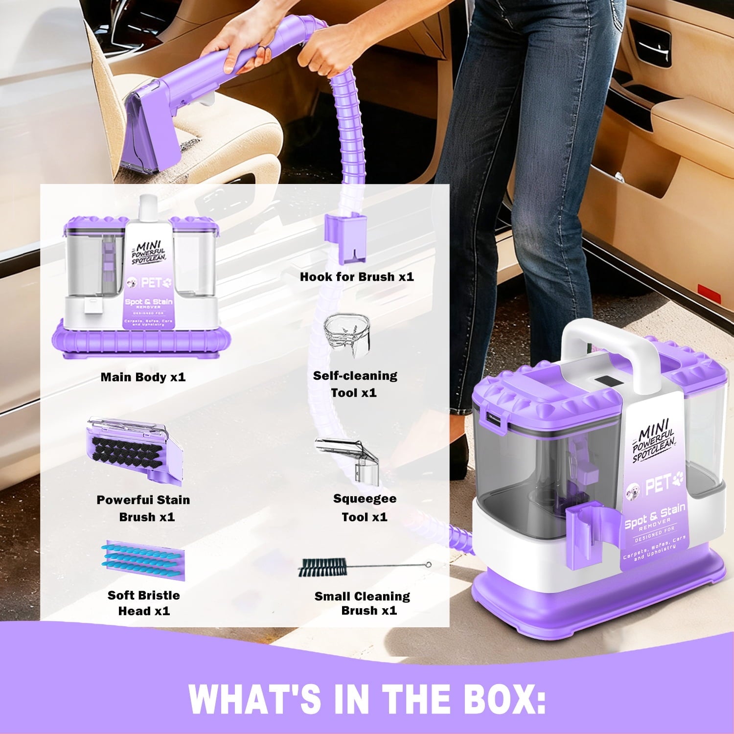 SUXIANGVAC Portable Carpet and Upholstery Spot Cleaner, 30Kpa Powerful Suction, Lightweight Compact Deep Cleaner for Home and Car, Purple(Version without cleaning solution)